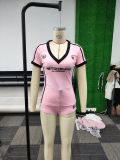 Women's V Neck Letter Print Contrast Sports Style Shorts Set