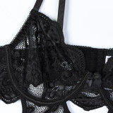 Crystal Heart Hollow Lace Sexy Three Piece Lingerie Set