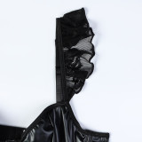 Leather Lace See Through Sexy Ruffled Lingerie Two Piece Set