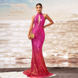 Women Round Neck off-shoulder Bodycon sequin Formal Party fishtail evening gown