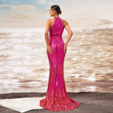 Women Round Neck off-shoulder Bodycon sequin Formal Party fishtail evening gown