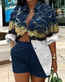 Women's Long Sleeve Printed Shirt Shorts Printed Two Piece Set