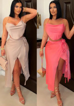 Sexy Strap High Slit Two Piece Skirt Set