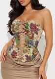 Vintage Floral Printed Crop Lace Up Tank Hollow Short Top