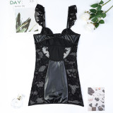 Leather Lace See Through Sexy Ruffled Lingerie Two Piece Set