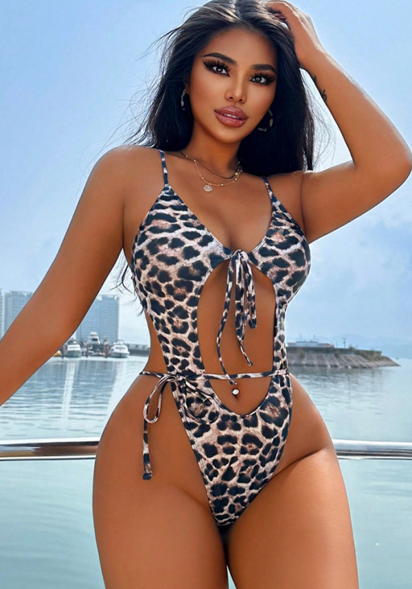 Women Sexy Swimwear  Leopard Print Lace Holidays One-Piece Swimwear
