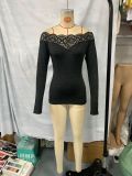 Women lace Off Shoulder sexy black long sleeve Top