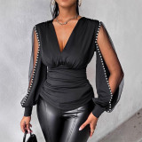 Women v-neck long sleeve Top Solid shirt