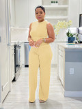 Casual High Stretch Ribbed Sleeveless Tank Top Wide Leg Pants Two Piece Set