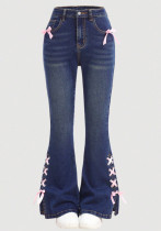 Women Bow Denim Wide-leg Pants