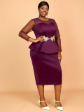 Plus Size See Through Long Sleeve Ruffle Bodycon Dress