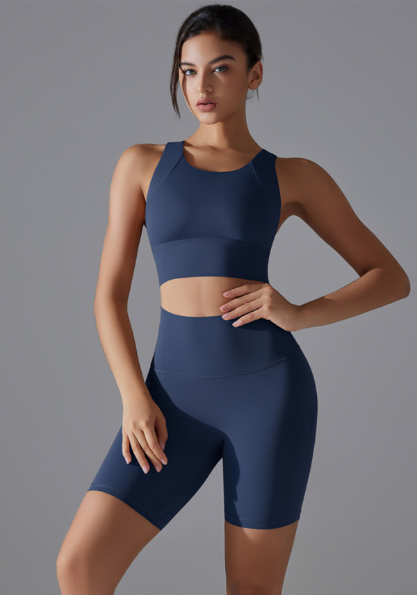 Tight Fit Solid Sports Bra Yoga Shorts Set