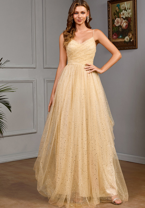 Women's Strap V Neck Slim Sequin Long Dress Elegant Evening Gown