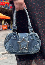 Women retro metal five-pointed star Denim handbag