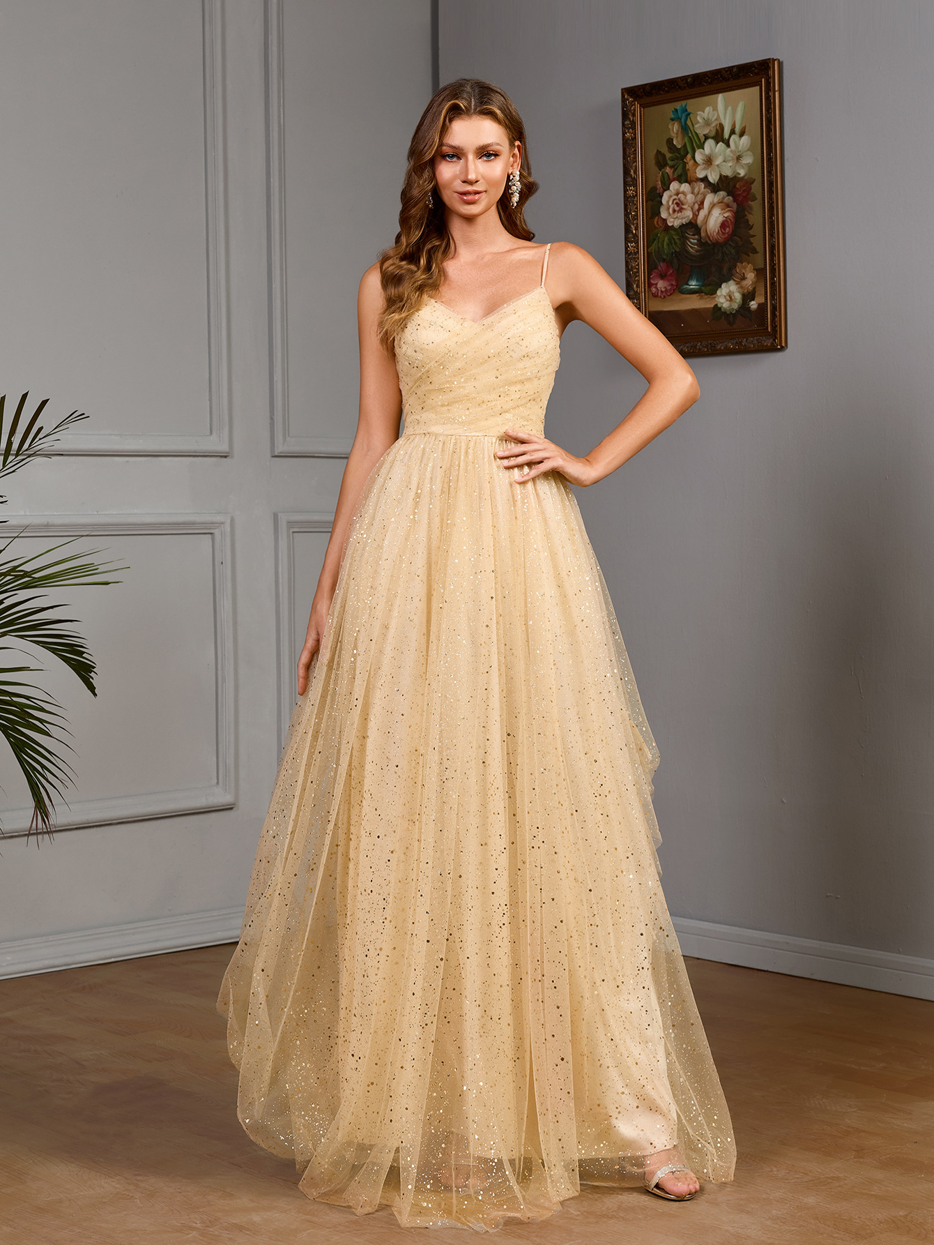 Women's Strap V Neck Slim Sequin Long Dress Elegant Evening Gown