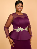 Plus Size See Through Long Sleeve Ruffle Bodycon Dress