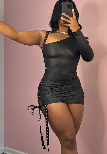 Slash Shoulder Hollow Lace Up Long Sleeve Bodycon Dress