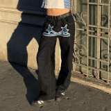 Women spring and autumn contrasting print Casual Denim Pants