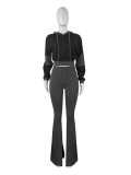Twist Strip Hoodie Bell Bottom Pants Patchwork Two Piece Set