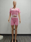 Fashionable Summer Turndown Collar Contrast Knit Top Shorts Set