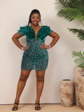 High Street Feathered Beaded Strapless Tight Fit See Through Plus Size Club Dress