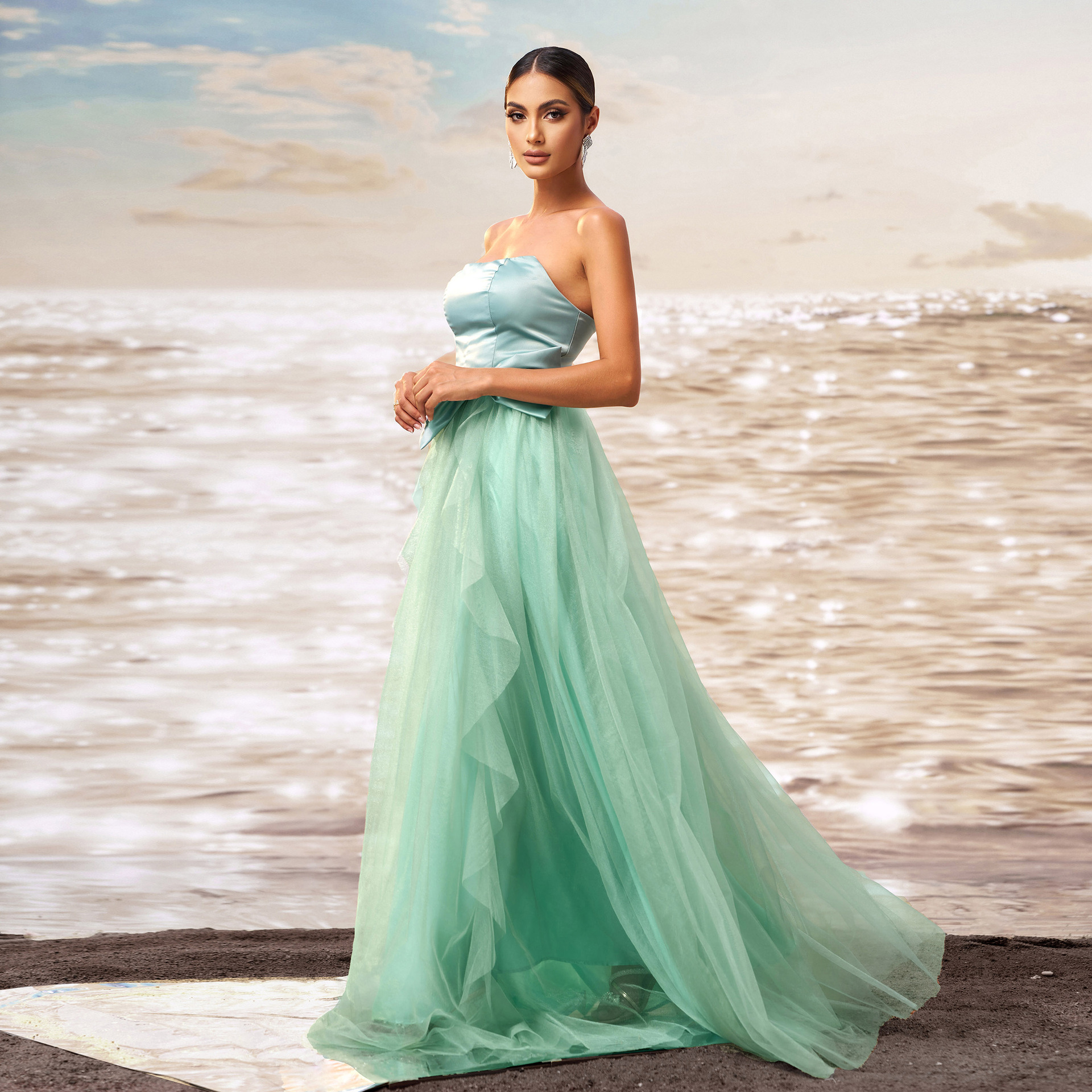 Women Sleeveless Wrap Formal Party mesh evening gown