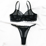 Sexy Lace Mesh Thin Summer Steel Ring Bra Thong Two Piece Lingerie Set