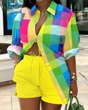 Women's Long Sleeve Printed Shirt Shorts Printed Two Piece Set