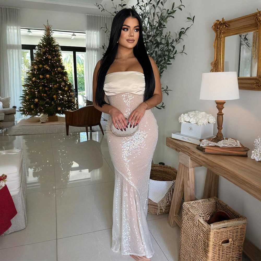 Women Sexy Strapless Satin Patchwork Sequin Fishtail Dress