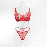 Sexy Lace Mesh Thin Summer Steel Ring Bra Thong Two Piece Lingerie Set