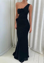 Spring Women’s Slash Shoulder Hollow Slim Floral Evening Dress