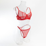 Sexy Lace Mesh Thin Summer Steel Ring Bra Thong Two Piece Lingerie Set