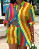 Women's Long Sleeve Printed Shirt Shorts Printed Two Piece Set