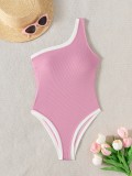 Women Solid Sexy One Shoulder Design One-Piece Swimwear