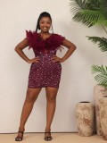 High Street Feathered Beaded Strapless Tight Fit See Through Plus Size Club Dress