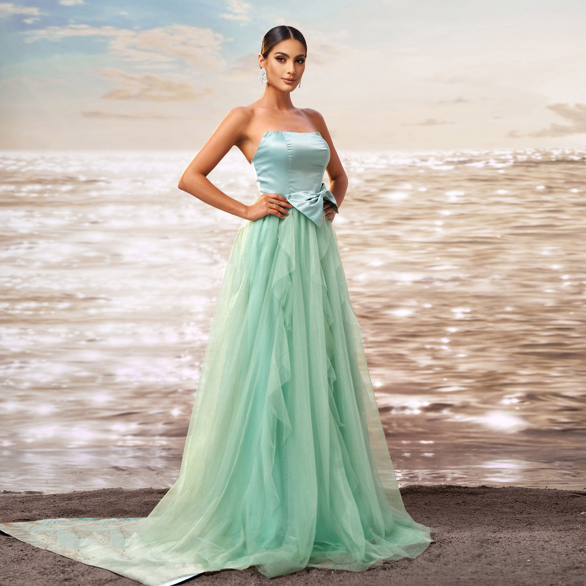 Women Sleeveless Wrap Formal Party mesh evening gown