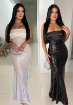 Women Sexy Strapless Satin Patchwork Sequin Fishtail Dress