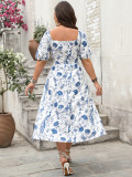 Spring Summer Plus Size Printed Square Neck Holiday Dress