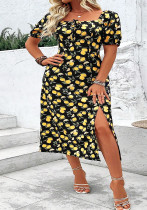 Plus Size Women's Summer Lemon Print High Waist Casual Midi Dress