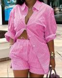 Women's Long Sleeve Printed Shirt Shorts Printed Two Piece Set