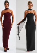 Spring Strapless Slim Waist Elegant Ribbon Low Back Bodycon Long Dress