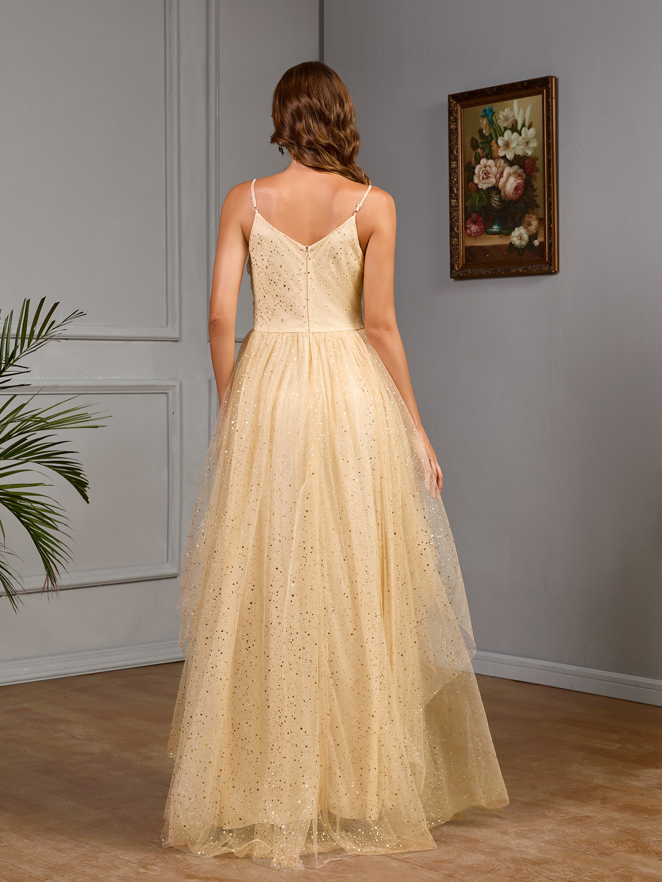 Women's Strap V Neck Slim Sequin Long Dress Elegant Evening Gown