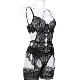 Crystal Heart Hollow Lace Sexy Three Piece Lingerie Set