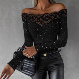 Women lace Off Shoulder sexy black long sleeve Top