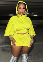 Hooded Puff Sleeve Crop Top Pleated Skirt Two Piece Set