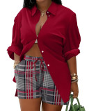 Women's Long Sleeve Printed Shirt Shorts Printed Two Piece Set