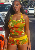 Sexy Halter Neck Printed Contrast Two Piece Shorts Set