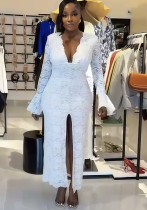 Spring Lace V Neck Bell Sleeve Slit Dress Spring Lace V Neck Bell Sleeve Slit Dress