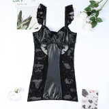 Leather Lace See Through Sexy Ruffled Lingerie Two Piece Set