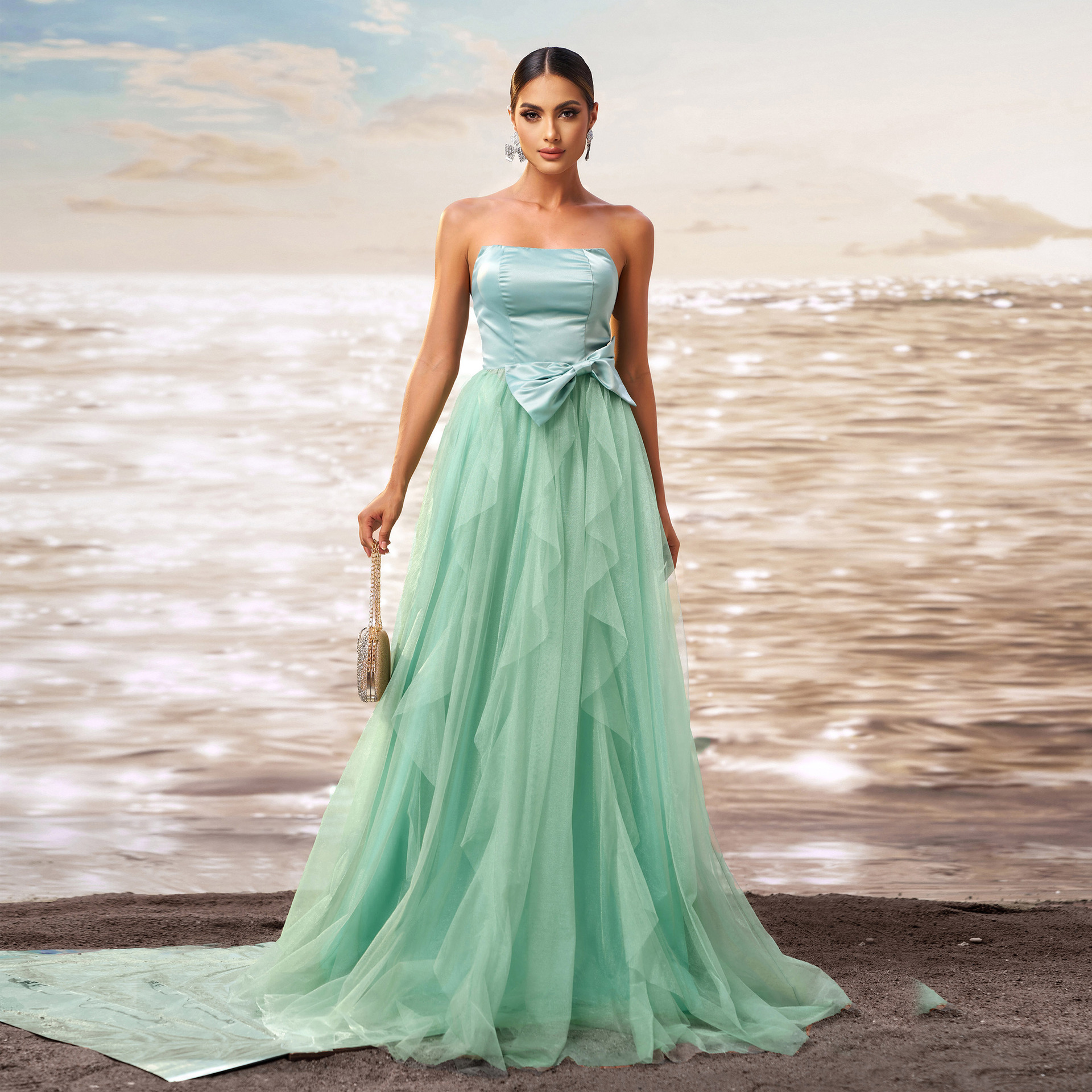 Women Sleeveless Wrap Formal Party mesh evening gown